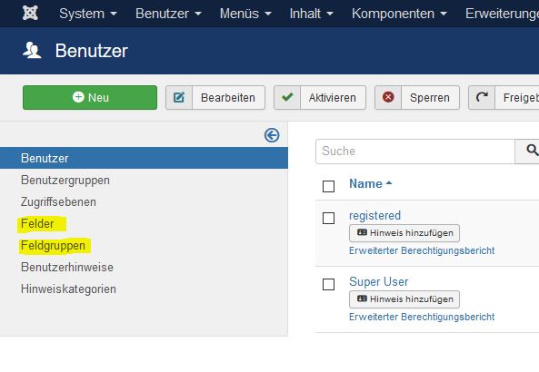 Joomla Benutzer eigene Felder
